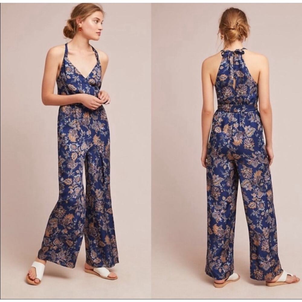 Anthropologie Ettitwe Jumpsuit Blue Floral Paisley Print Size‎ Medium